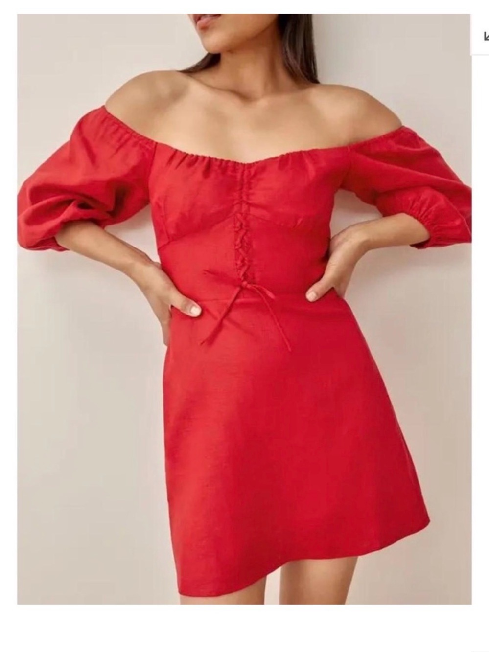 Reformation- Off-Shoulder Red Mini Dress with Puff Sleeves